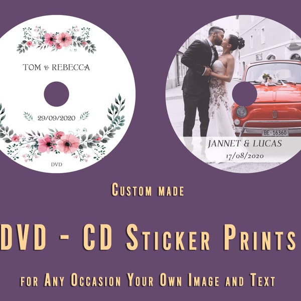 Personalised Photo DVD CD Disc Sticker Prints. Your image & Text. Wedding, Birthday, Gift, Music label. Any occasion