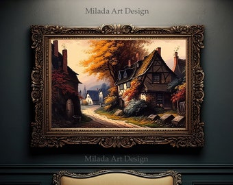 17th century old village | Autumn season | Antique Oil Painting | PRINTABLE Digital Vintage Art | VL-6