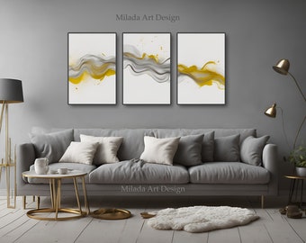 Set of 3 Abstract Gallery wall art prints | Grey and Gold | Modern Downloadable Living room Wall Art | B-1