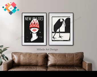 Set of 2 Vintage Black and White Illustration Prints - Antique Art Decor - Digital Download - Instant Printable - AG-10