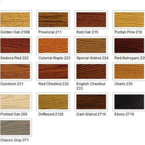 May include: A color chart of 20 Minwax&reg; Wood Finish stain colors. The chart shows the color of the stain on a wood sample. The colors range from light to dark and include natural, golden oak, provincial, red oak, puritan pine, ipswich pine, sedona red, colonial maple, special walnut, red mahogany, early american, gunstock, red chestnut, english chestnut, cherry, fruitwood, golden pecan, pickled oak, driftwood, dark walnut, ebony, jacobean, weathered oak, and classic gray.