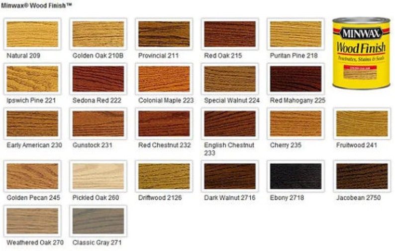 May include: A color chart of 20 Minwax&reg; Wood Finish stain colors. The chart shows the color of the stain on a wood sample. The colors range from light to dark and include natural, golden oak, provincial, red oak, puritan pine, ipswich pine, sedona red, colonial maple, special walnut, red mahogany, early american, gunstock, red chestnut, english chestnut, cherry, fruitwood, golden pecan, pickled oak, driftwood, dark walnut, ebony, jacobean, weathered oak, and classic gray.