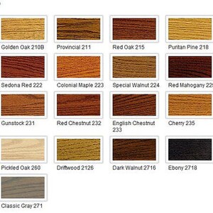 May include: A color chart of Minwax Wood Finish stains, showcasing various wood tones. The chart includes shades like Natural, Golden Oak, Red Oak, and Ebony. A can of Minwax Wood Finish is visible on the right, highlighting the brand and product.
