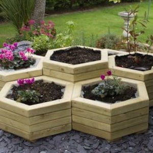 May include: A set of six hexagonal wooden planters arranged in a honeycomb pattern. The planters are filled with soil and have plants growing in them.