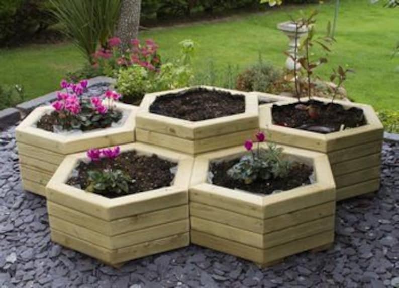 May include: A set of six hexagonal wooden planters arranged in a honeycomb pattern. The planters are filled with soil and have plants growing in them.