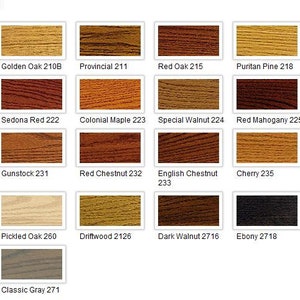 May include: A chart of 18 wood stain colors from Minwax Wood Finish. The colors are arranged in a grid of 6 rows and 3 columns. Each color is labeled with a name and a number. The colors range from light to dark, and from warm to cool.