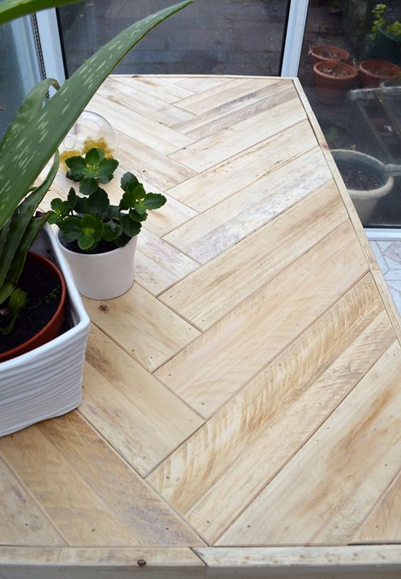 May include: A light-colored wooden table with a herringbone pattern. The table is surrounded by plants in pots, including aloe vera and a small green plant. The table is made of light-colored wood.