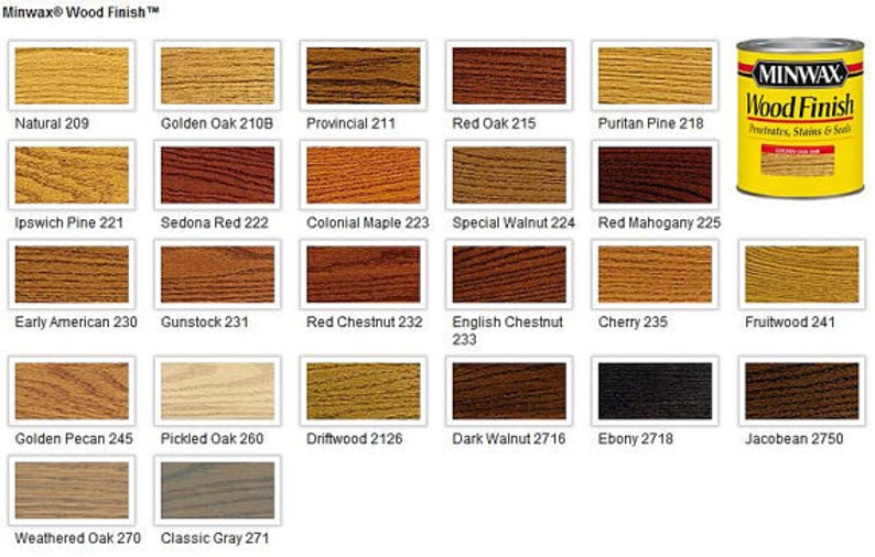 Puede incluir: Una carta de colores de tintes Minwax Wood Finish, que muestra varios tonos de madera. La carta incluye muestras como Natural 209, Golden Oak 210B y Ebony 2718. Tambi&eacute;n se ve una lata de Minwax Wood Finish, destacando la marca.