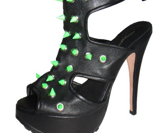 CHELISE one off black real leather neon lime bright green stud spike cut out platform stilettos size 6 UK 39 eur 8.5 US Christopher Kane