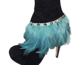 CHELISE one off black real suede aqua green blue feather stud cuff sexy thigh high platform stiletto boots size 6 UK 39 eur 8.5 US