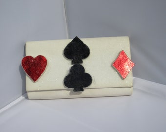 Chelise Las Vegas Harley Quinn inspired card suits hearts diamonds spades clubs aces casino glitter clutch bag