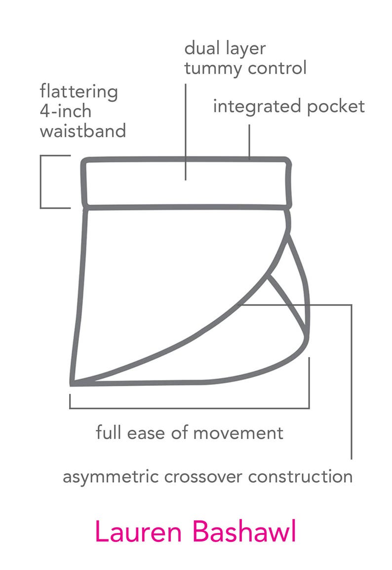 Op de afbeelding: Een lijntekening van een broek met een 10 cm brede tailleband, dubbele buikcontrole, een ge&iuml;ntegreerde zak en asymmetrische kruisconstructie. De tekst "Lauren Bashawl" staat onderaan de afbeelding.