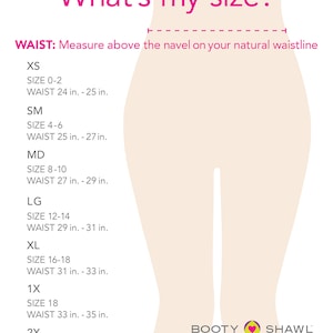 Op de afbeelding: Een maattabel voor dameskleding, met taillematen in inches voor verschillende maten, van XS tot 2X. De tabel bevat de tekst "What's my size?" en "WAIST: Measure above the navel on your natural waistline".