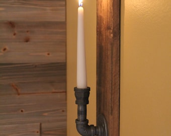 Reclaimed Rustic Wood and Iron Pipe Candle Wall Sconce - Rustic Cottage Chic style