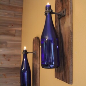 Single Reclaimed Rustic Wood Wine Bottle Oil Lamp Wall Sconce image 1