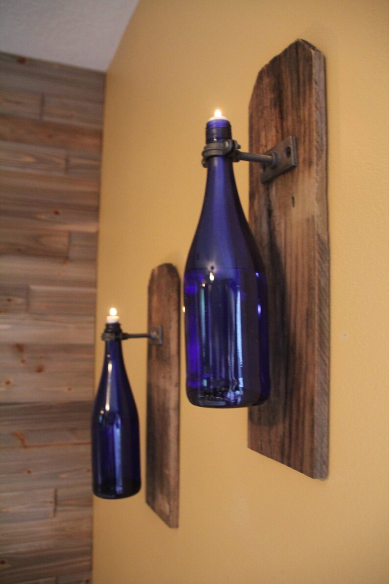 Single Reclaimed Rustic Wood Wine Bottle Oil Lamp Wall Sconce image 1