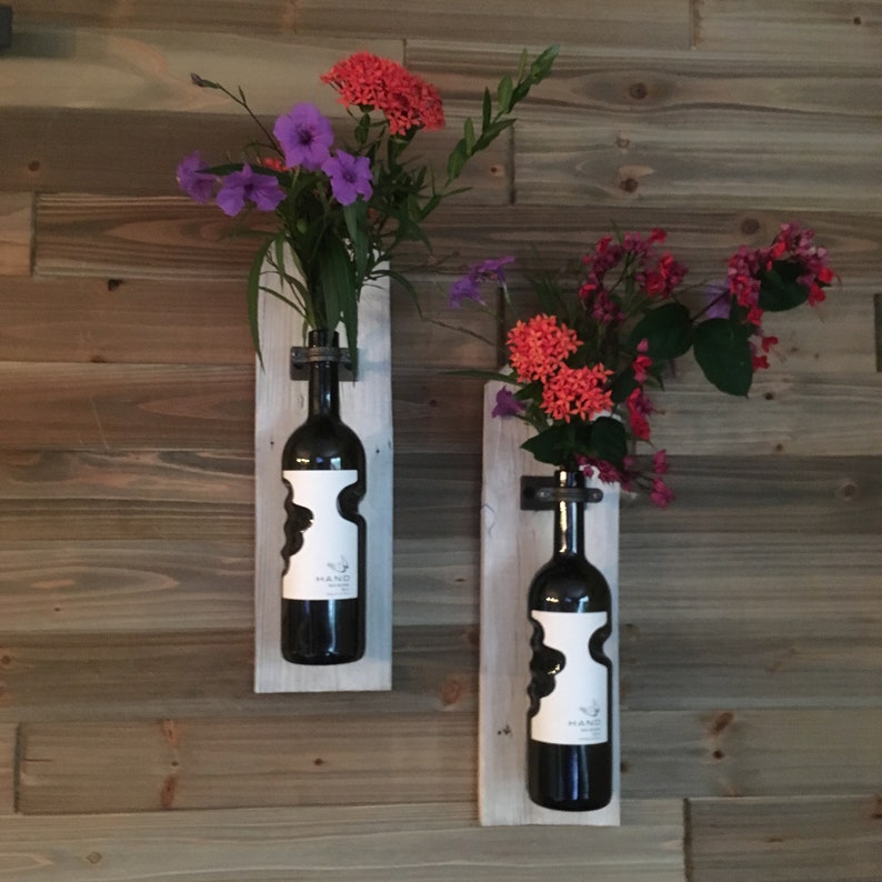 Set of 2 Reclaimed Rustic Whitewashed Wood Wine Bottle Vase Wall Sconce