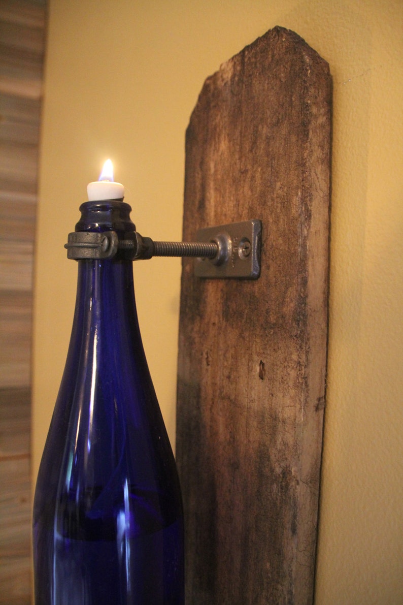 Single Reclaimed Rustic Wood Wine Bottle Oil Lamp Wall Sconce image 2