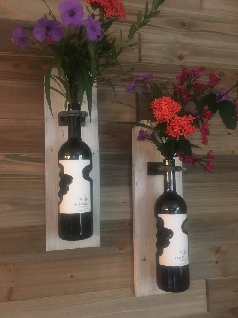 Set of 2 Reclaimed Rustic Whitewashed Wood Wine Bottle Vase Wall Sconce