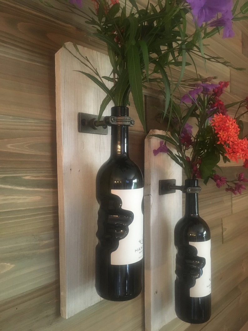 Set of 2 Reclaimed Rustic Whitewashed Wood Wine Bottle Vase Wall Sconce