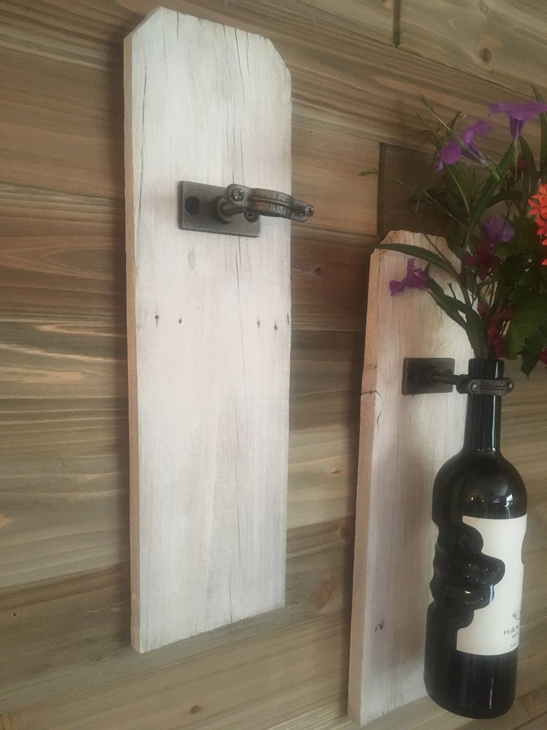 Set of 2 Reclaimed Rustic Whitewashed Wood Wine Bottle Vase Wall Sconce