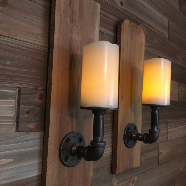 Set of 2 - Reclaimed Rustic Wood and Iron Pipe wide Candle Wall Sconce