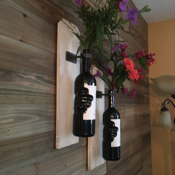 Set of 2 Reclaimed Rustic Whitewashed Wood Wine Bottle Vase Wall Sconce