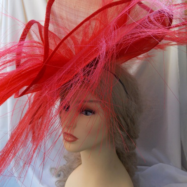 SALE 30% OFF - Red Sinamay & Crin Derby Hat, Red Headdress, Red Pamela, Race Hat, Ascot Hat, Exclusive Hat, Womens Hat, Event Hat
