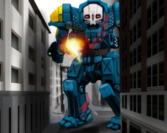 May include: Digital illustration of two mechs in a city setting. A large blue mech towers over a smaller green mech. The green mech is firing a weapon. The image has a comic book style.