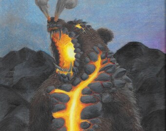 May include: A black bear with a glowing orange lava core, set against a dark mountain background. Smoke rises from the bear's back, creating a dramatic and fiery scene.