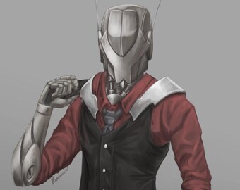 May include: A silver robot with a metallic helmet and a red shirt, black vest, and black pants. The robot has a silver robotic arm.