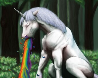 May include: A white unicorn with a rainbow horn is vomiting a rainbow with butterflies flying out of it. The unicorn is sitting in a forest setting with two bottles of beer on the ground.