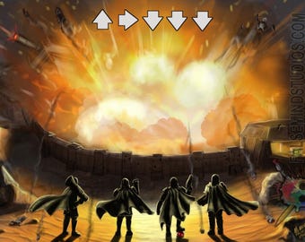 May include: A large explosion with smoke and debris in the air. Five figures in black cloaks stand in front of a wall, looking at the explosion. The figures are silhouetted against the bright light of the explosion.