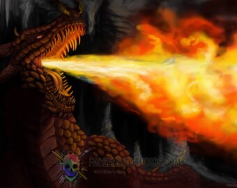 May include: A fiery red dragon with sharp teeth and horns breathes a stream of orange and yellow flames in a dark cave.