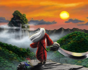 May include: A white-haired woman in a red robe stands on a rocky cliff, holding a large silver sword. She looks out at a misty landscape with a waterfall in the distance. The sun is setting behind her, casting a warm orange glow over the scene.