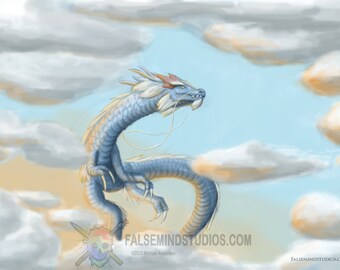 May include: A blue and white dragon with a long tail and sharp claws flies through a cloudy sky. The dragon is facing the right side of the image. The sky is a light blue with white clouds.