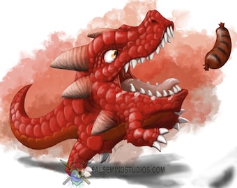 May include: A red cartoon dragon with a wide open mouth runs towards a brown sausage. The dragon has a long tail and sharp claws.