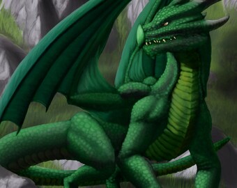 May include: A green dragon with large wings sits on a rocky hillside. The dragon has a long tail and sharp claws. The dragon's eyes are yellow and its scales are green.