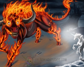 May include: A fiery red bull with horns and glowing eyes charges towards a white unicorn with a horn. The bull is engulfed in flames, while the unicorn is surrounded by a white glow. The background is a dark, stormy sky with a castle in the distance.