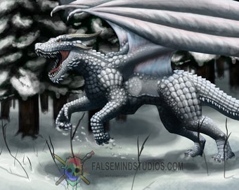 May include: A white dragon with a long tail and large wings is running through a snowy forest. The dragon has a fierce expression on its face and its claws are extended.
