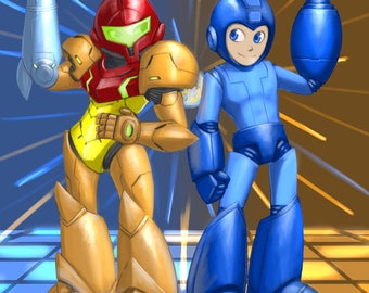 May include: A blue and yellow robot with a blue arm cannon stands next to a red and yellow robot with a blue arm cannon. Both robots are standing on a blue and yellow checkered floor. The background is a blue and yellow starburst.