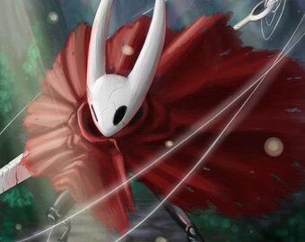 May include: A digital illustration of a white and red character with a long, flowing red cape and white horns. The character is holding a white weapon and is surrounded by white lines. The background is a dark forest with green leaves and glowing lights.