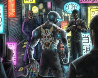 May include: A futuristic cyborg with a blue and red demon mask tattoo on its back stands in a neon-lit alleyway. Two men in suits stand on either side of the cyborg, one holding a gun. The alleyway is lined with signs in Japanese and English.