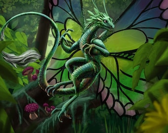 May include: A green dragon with butterfly wings sits on a mossy rock in a lush green forest. The dragon has a long tail and a pair of horns on its head. The butterfly wings are green, purple, and pink.