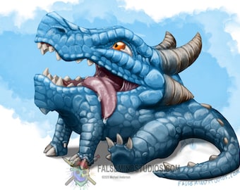 May include: A cartoon blue dragon with a large mouth open, showing its tongue and teeth. The dragon has a light blue body with a darker blue pattern. The dragon is sitting on a white background with a light blue watercolor wash.