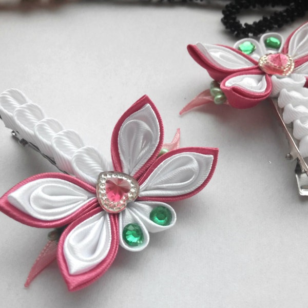 Insieme dei due capelli clip/Kanzashi fiore/Kanzashi capelli clip/Kanzashi tessuto fiori/fiore ragazza regali