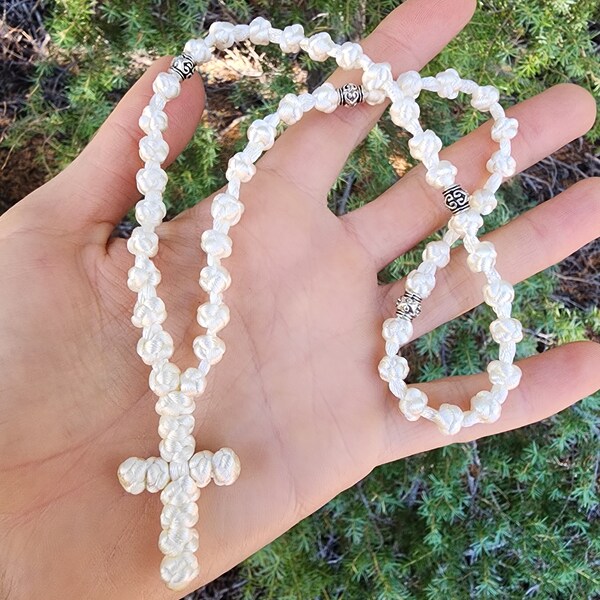 50 knot white with Gospel beads silver  metal beads used-  eastern Orthodox prayer rope- knots spaced