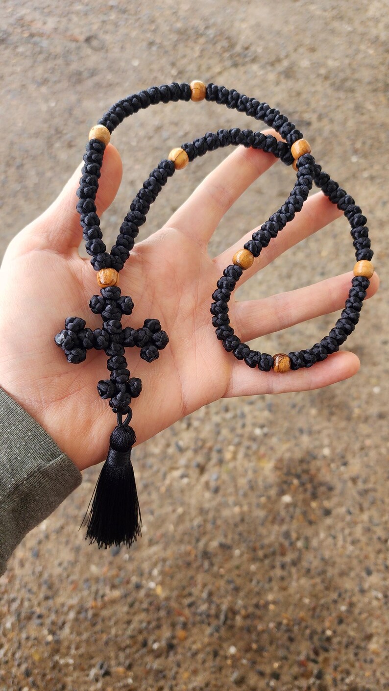 100 Knot Black Eastern Orthodox Prayer Rope Olive Wood Beads and a ...