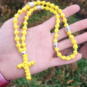 50 knot Eastern Orthodox prayer rope, yellow with little silver metal paw print beads