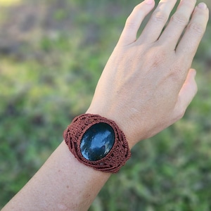 Bloodstone and rust  color cord macrame cuff statement bracelet